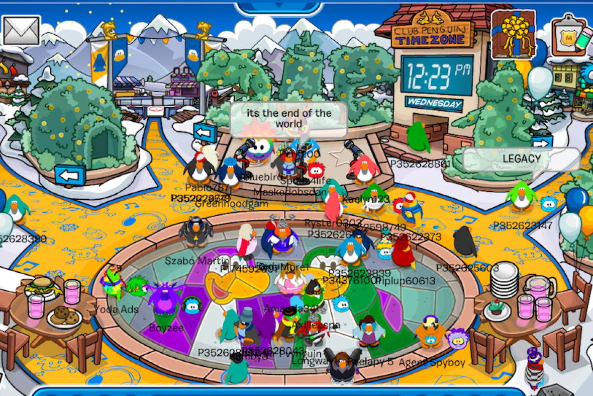 A cartoon plaza filled with penguins in multiple colors. Speech bubbles above two penguins read "It's the end of the world" and "LEGACY."
