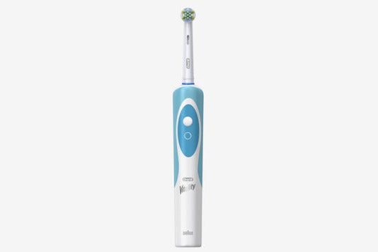 White and blue Oral-B Vitality Floss Action electric toothbrush.