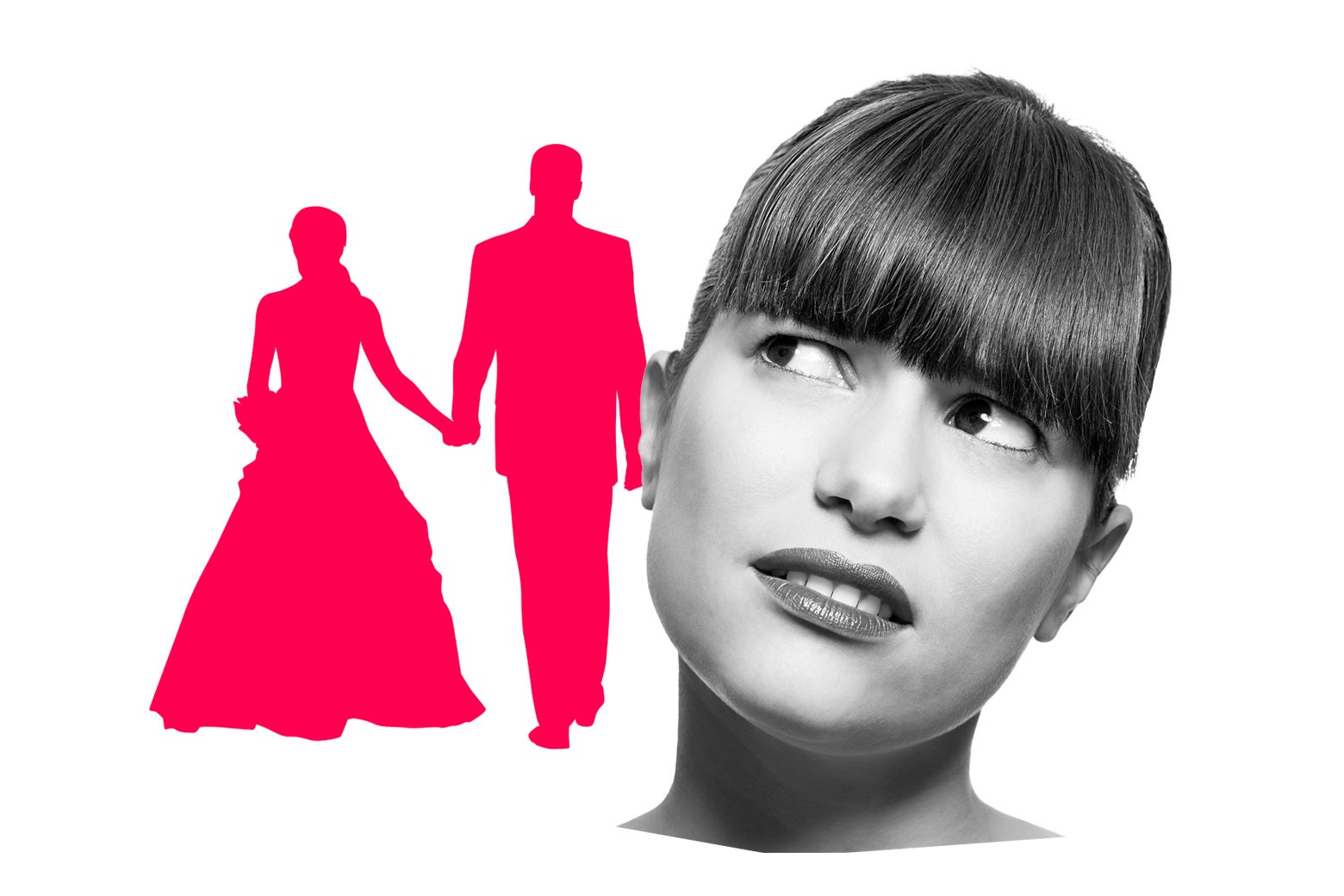Woman looking at a silhouetted couple getting married. 