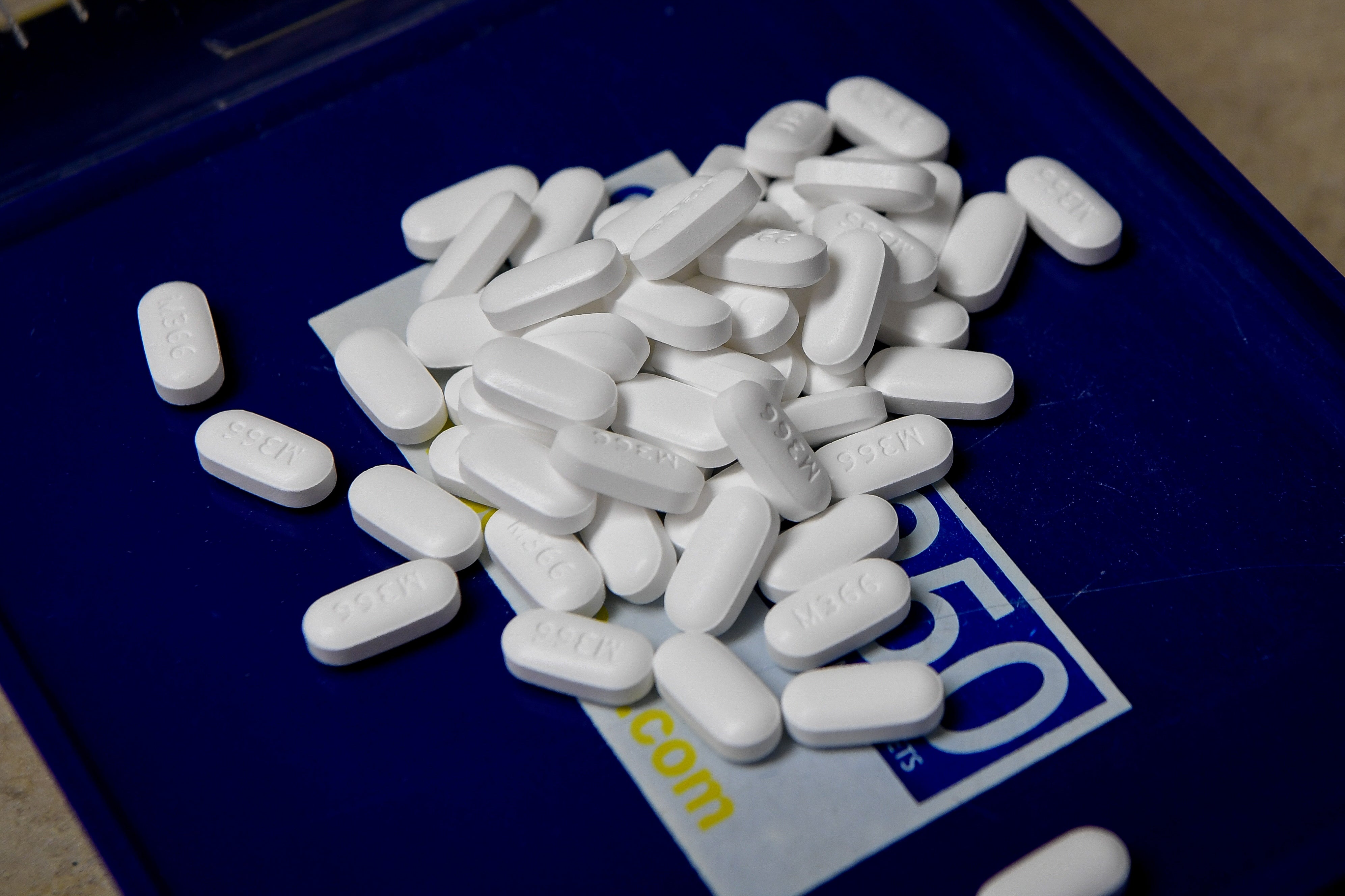 Hydrocodone tablets in a pharmacy tray