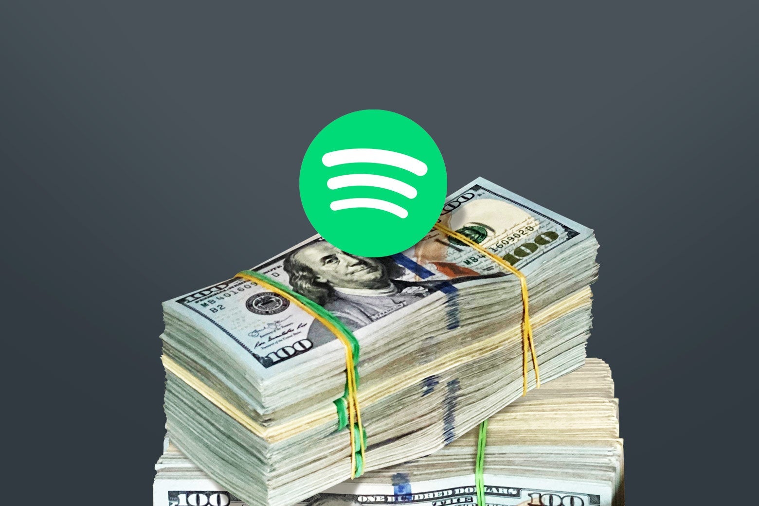 The Spotify logo is seen on top of a stack of banded bundles of $100 bills.