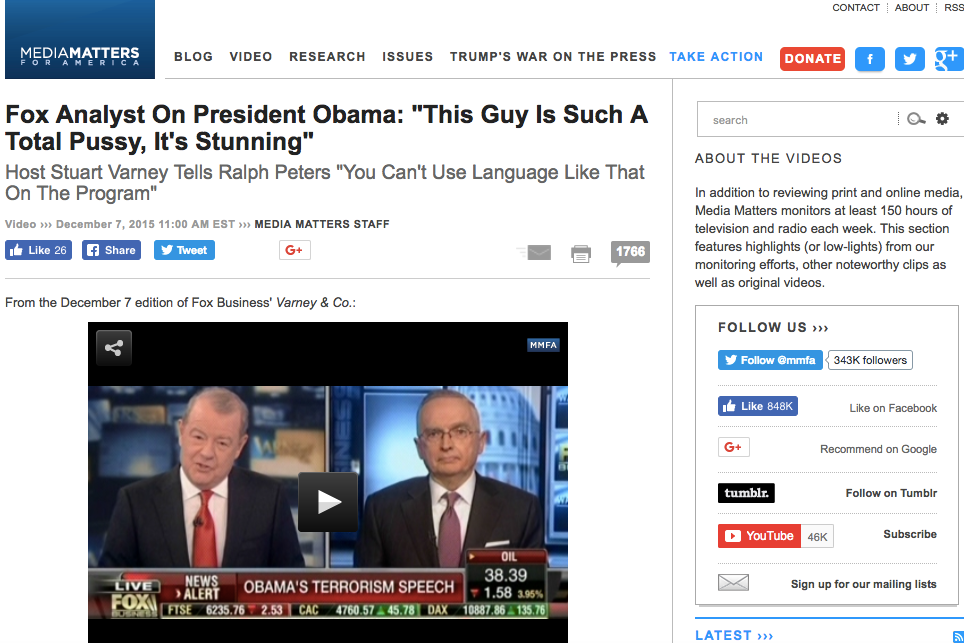 Screen shot of Ralph Peters Fox News appearance in which he called Obama a "total pussy."
