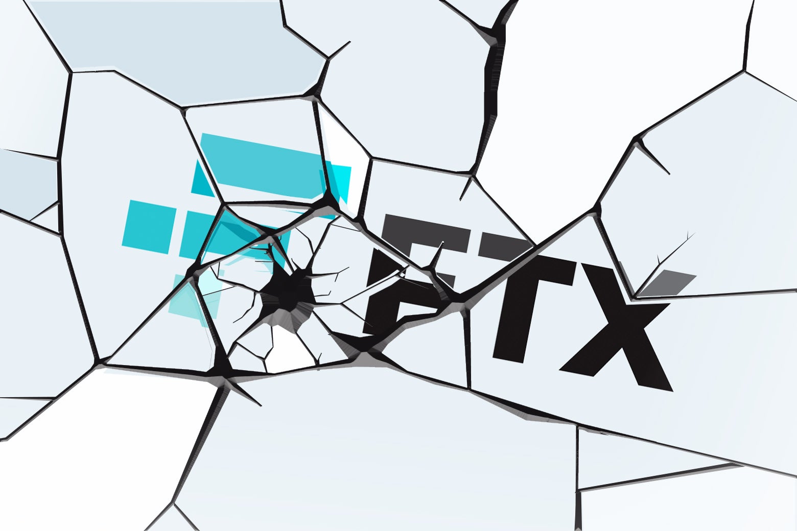 Illustration of a cracked FTX logo on glass.