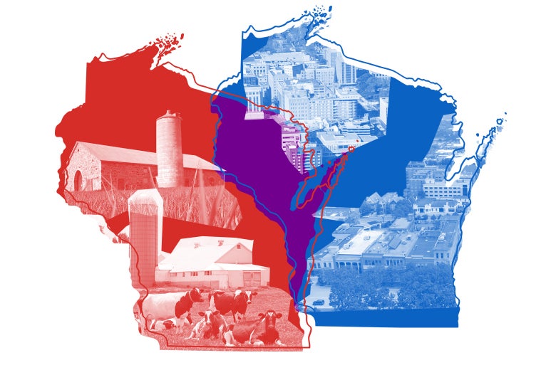 Photo illustration of two overlapping outlines of Wisconsin, one in red and one in blue. The red outline has an inner rural image, and the blue one has an inner urban image.