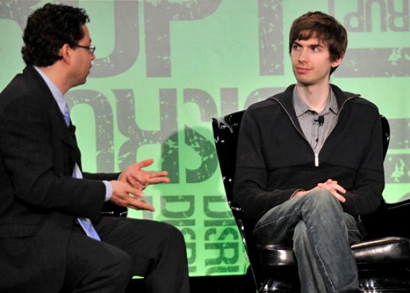 Erick Schonfeld, David Karp of Tumblr, during TechCrunch Disrupt New York May 2011 in New York City.  