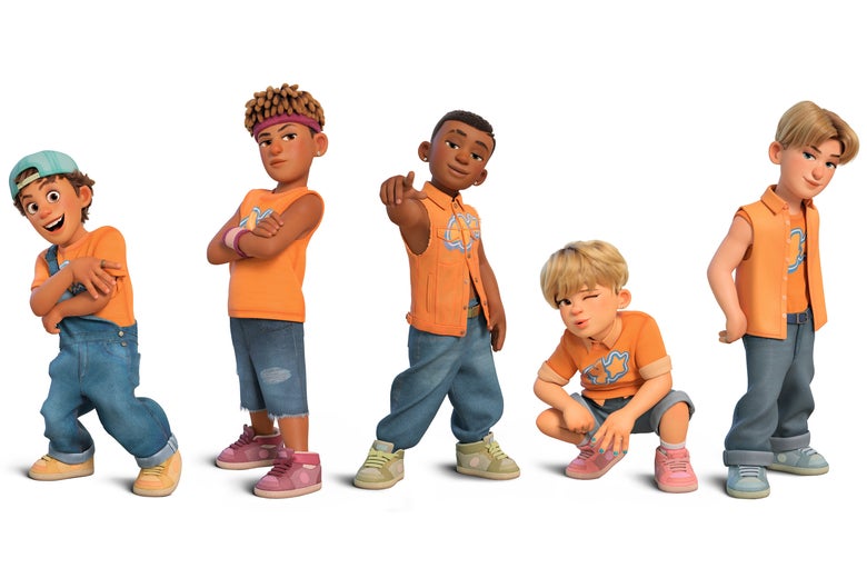 Five clean-cut animated young men in boy-band poses.