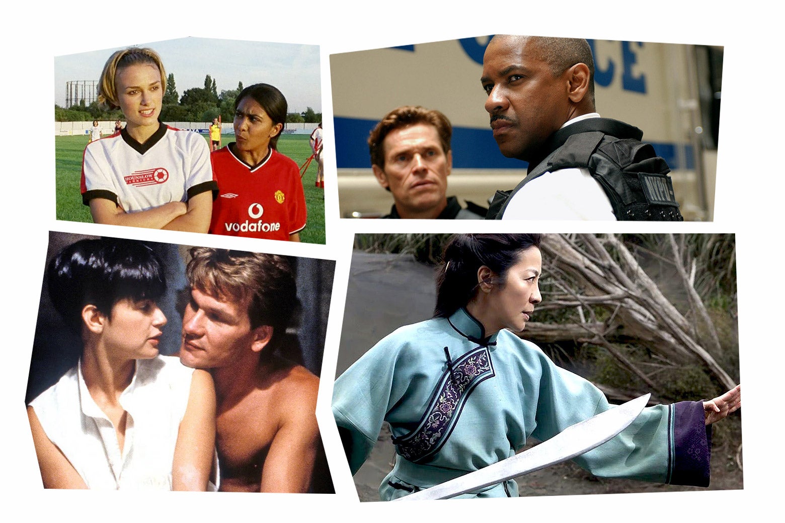 Clockwise: A still of Keira Knightley and Parminder Nagra in Bend It Like Beckham; a still of Willem Dafoe and Denzel Washington in Inside Man; a still of Michelle Yeoh in Crouching Tiger, Hidden Dragon; a still of Patrick Swayze and Demi Moore in Ghost. 