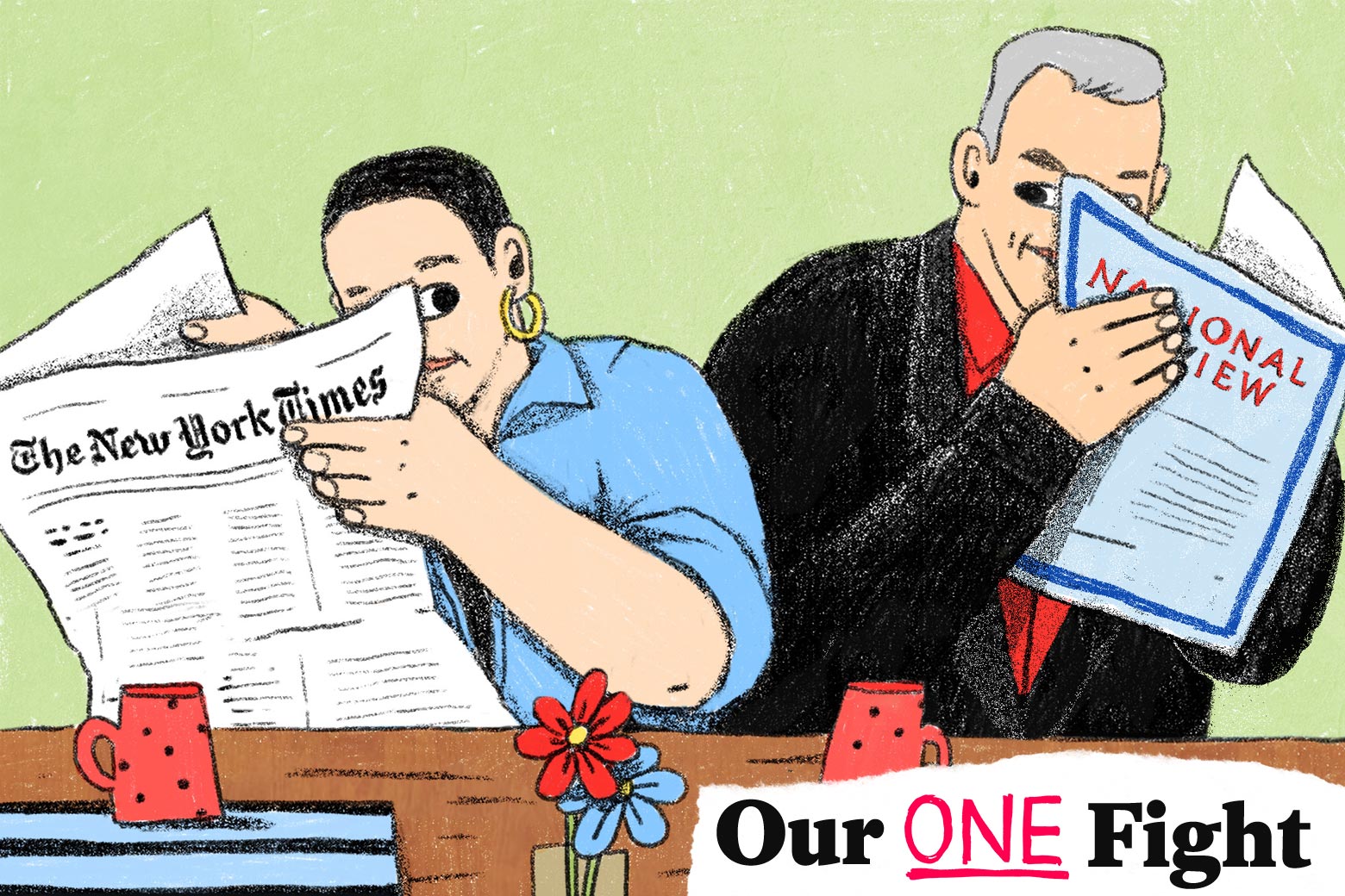 Illustration of Jeanne Safer and Richard Brookhiser respectively reading the New York Times and the National Review seated at a table.