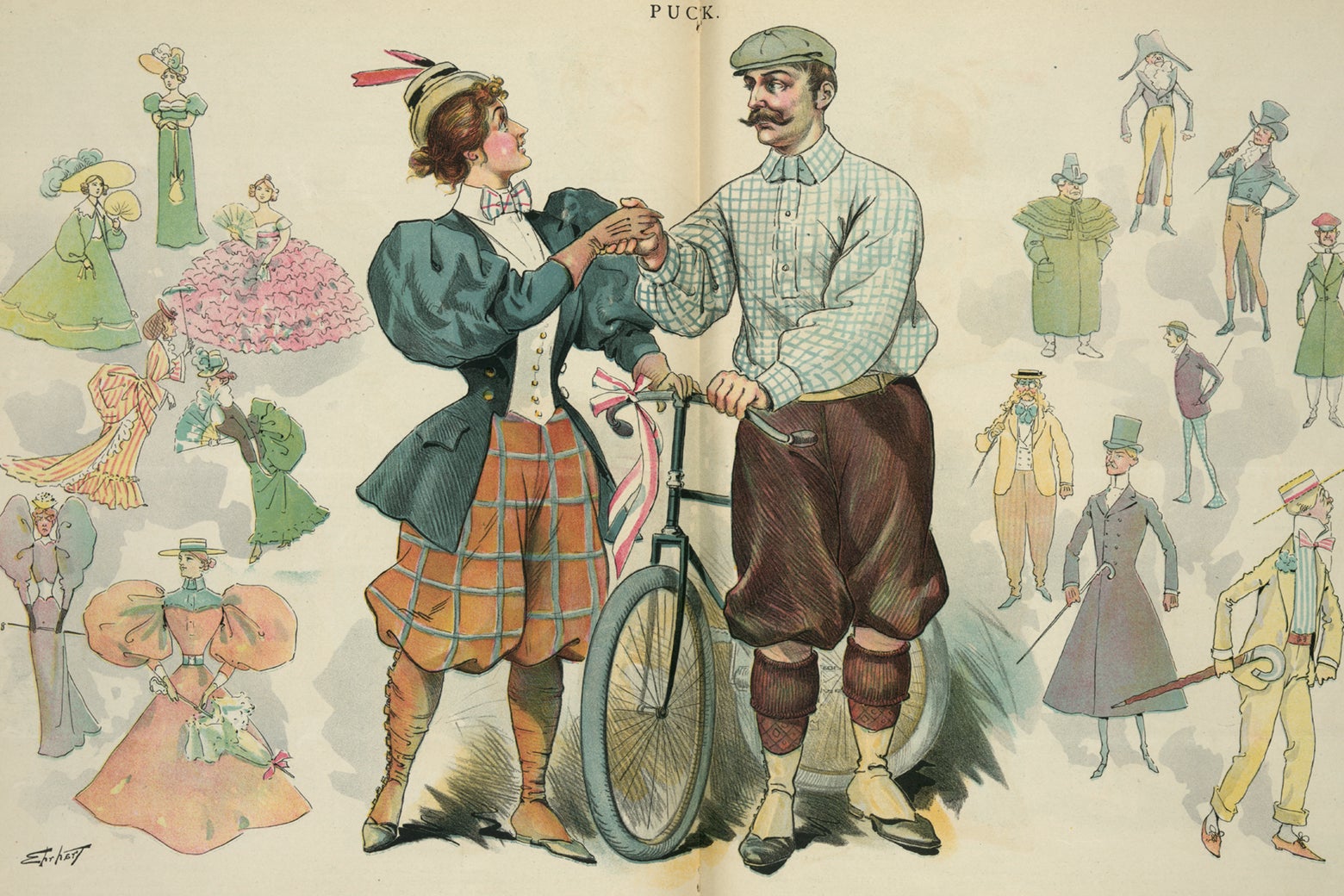 An illustration from Puck showing a man and woman in 1890s bicycling gear. The woman wears red bloomers.