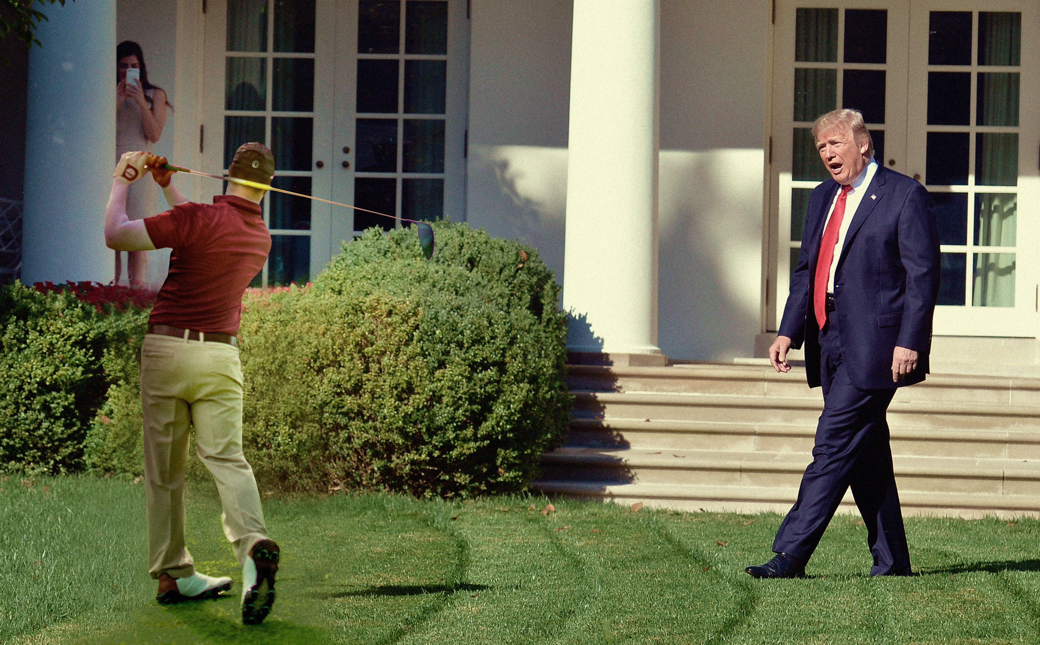 A photo illustration of former president Donald Trump, yelling in the direction of a super-imposed golf player.