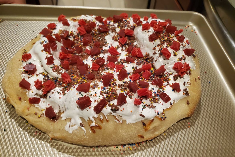 The dessert pizza before it was cut.