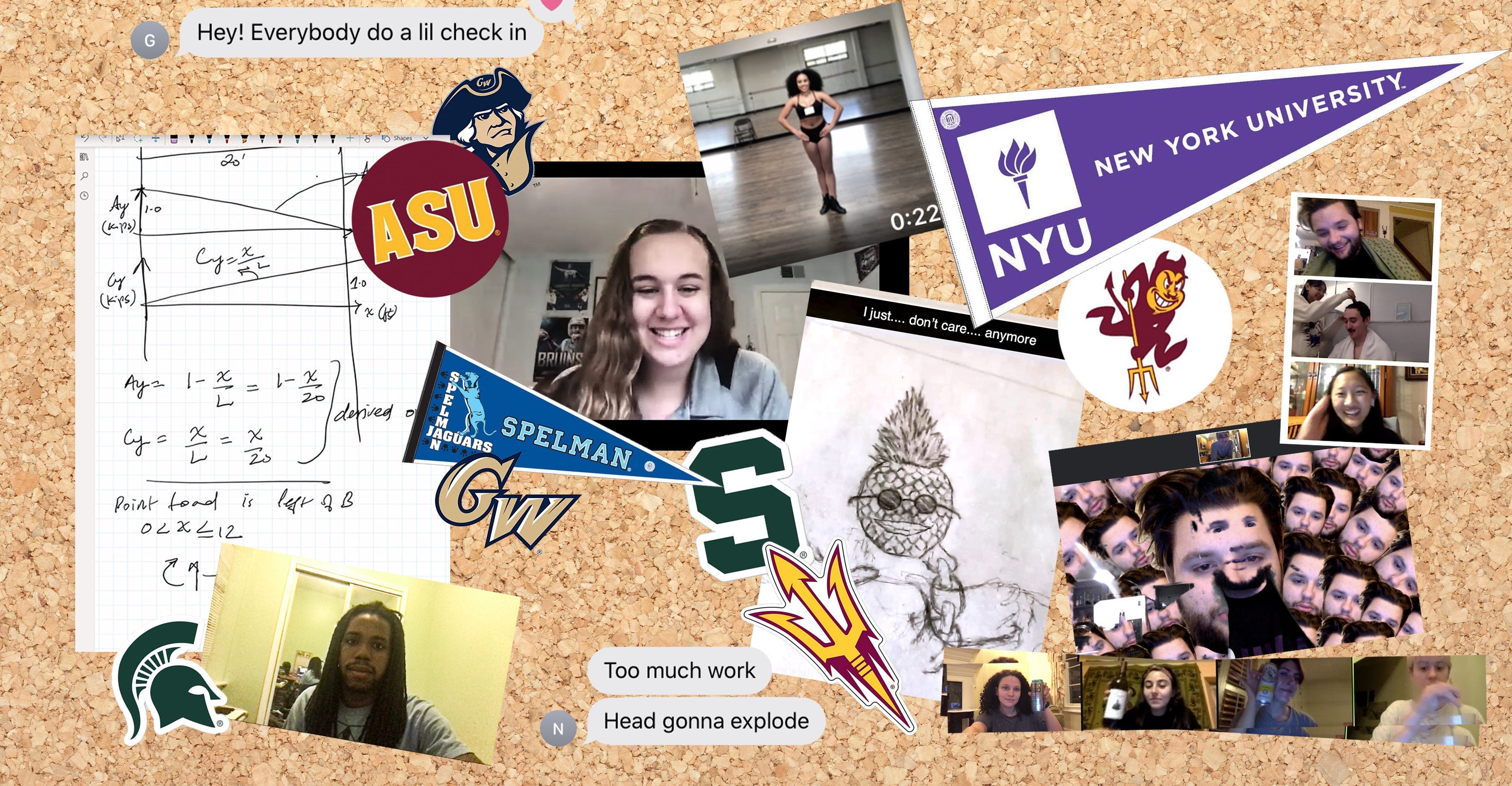 A bulletin board filled with lots of college memorabilia.