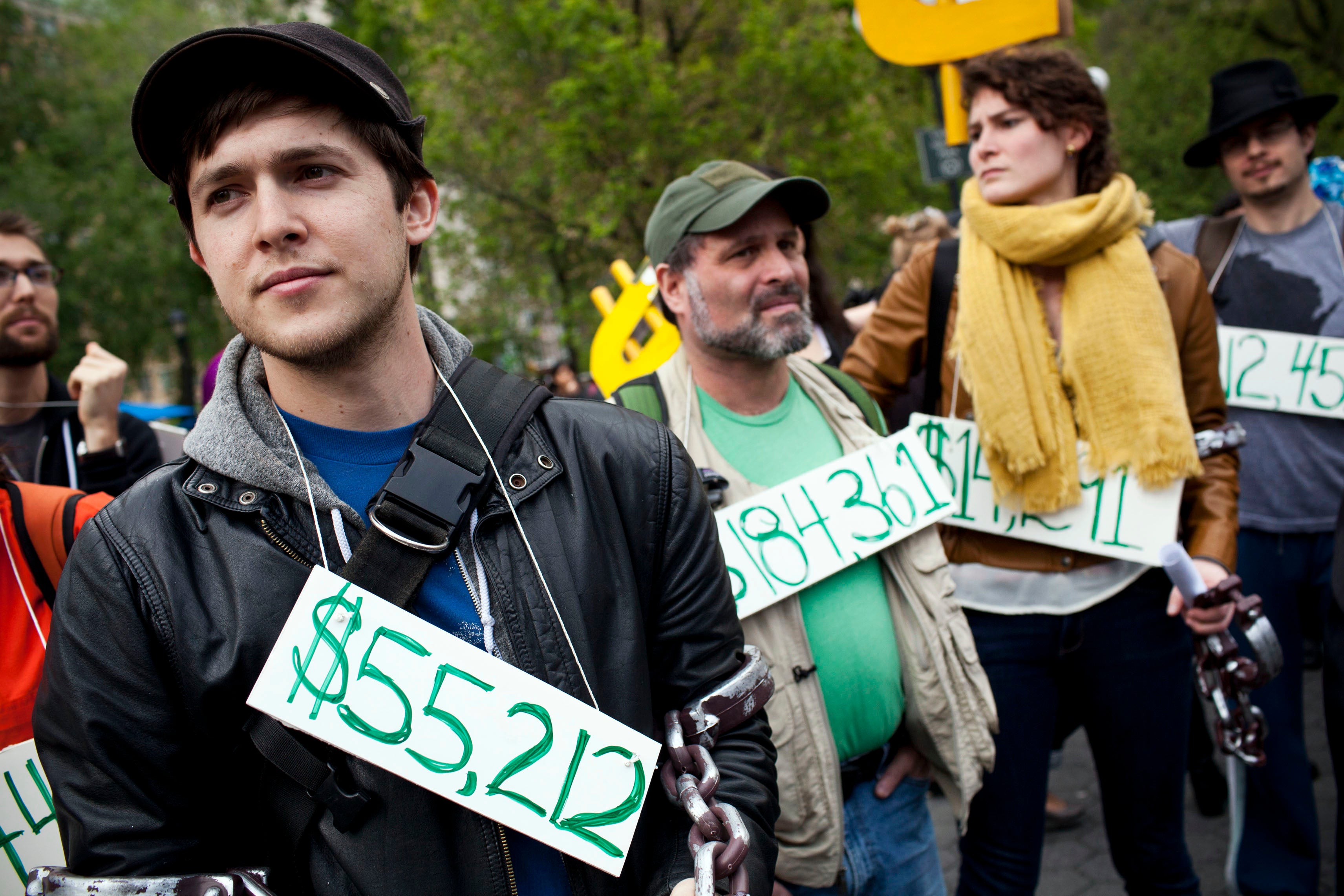 Occupy Wall Street protesters demonstrate over student debt.