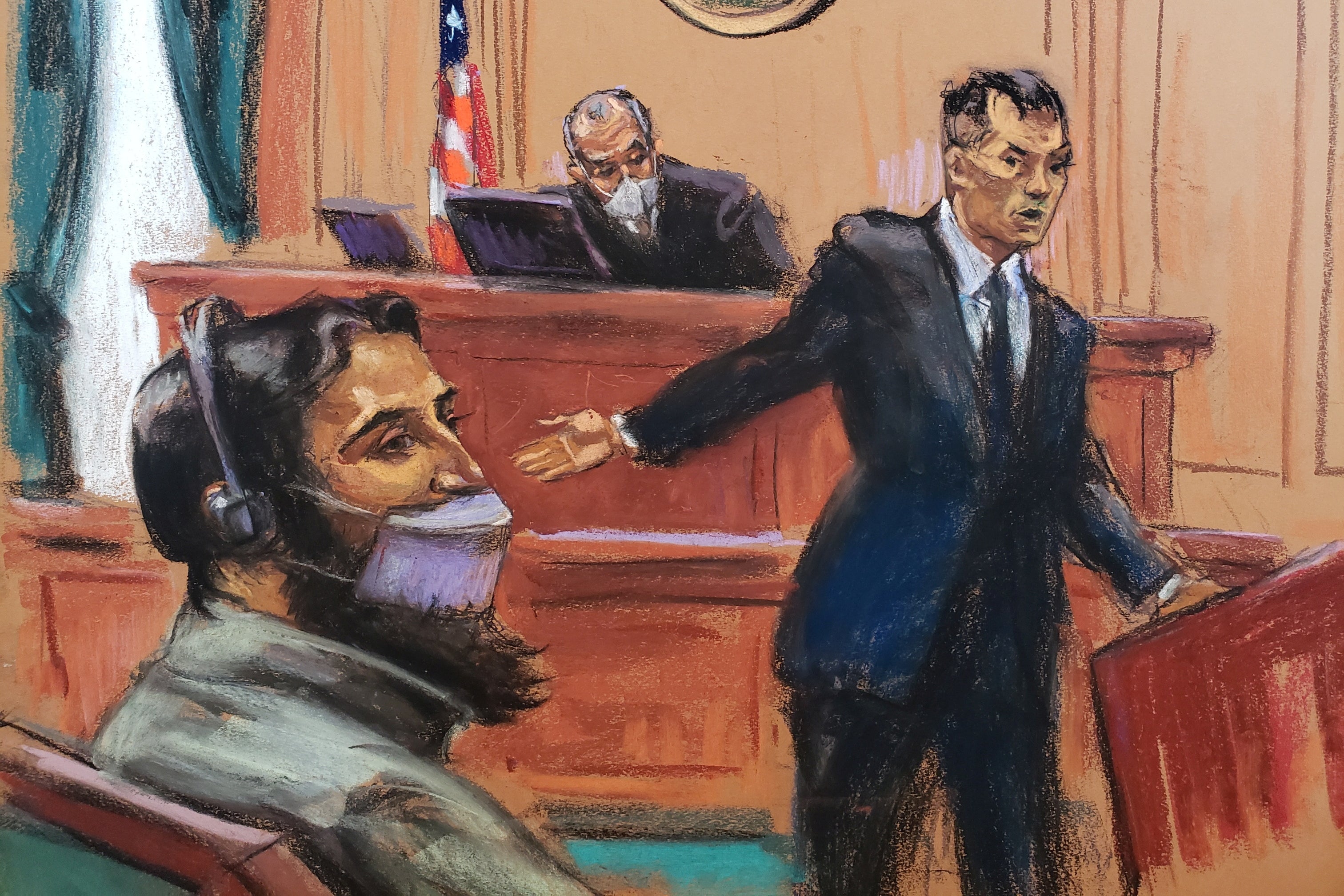 Courtroom sketch shows Saipov seated, wearing translation headphones and a mask, as Li stands and angrily speaks, gesturing toward him, and the judge seated in the background listens