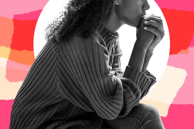 Collage of a woman worried in front of pink scraps of paper.