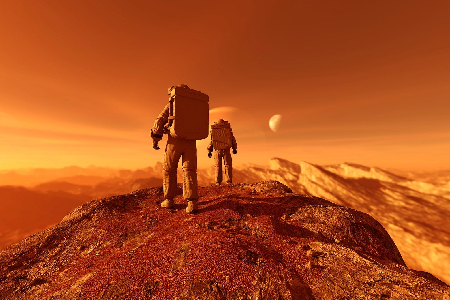 Two astronauts walking on a planet