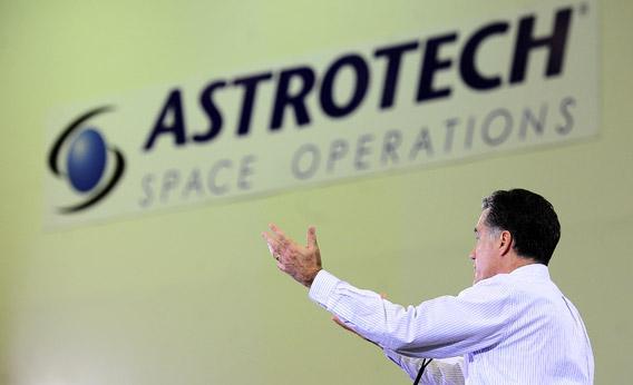 Mitt Romney addresses a speech at Astrotech Space Operation in Cape Canaveral, Florida, in January. 