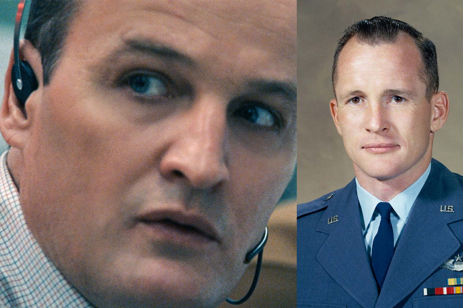 Side-by-side of actor Jason Clarke and astronaut Ed White.