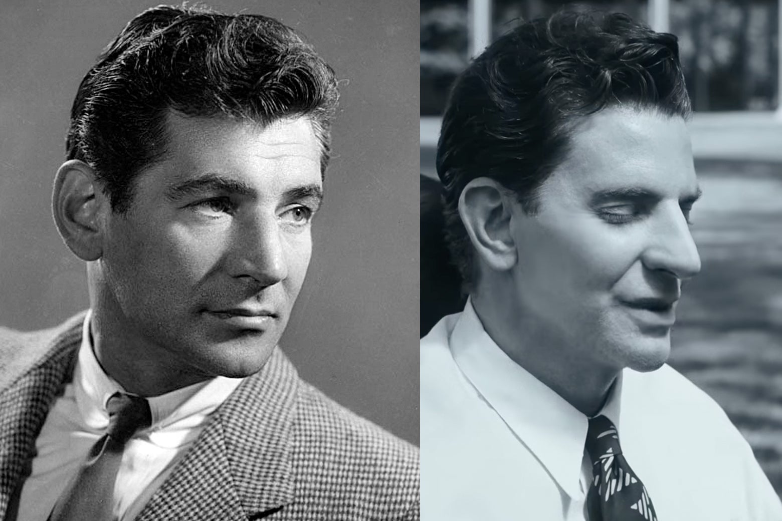 A side-by-side shows the two men looking sharp in curly but neatly combed hair, a shirt, and a tie. Both have prominent, handsome noses.