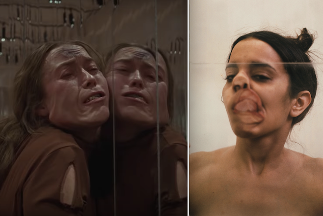On the left, a woman's face is grotesquely distorted against a mirror. On the right, Ana Mendieta's face is squished against a mirror.