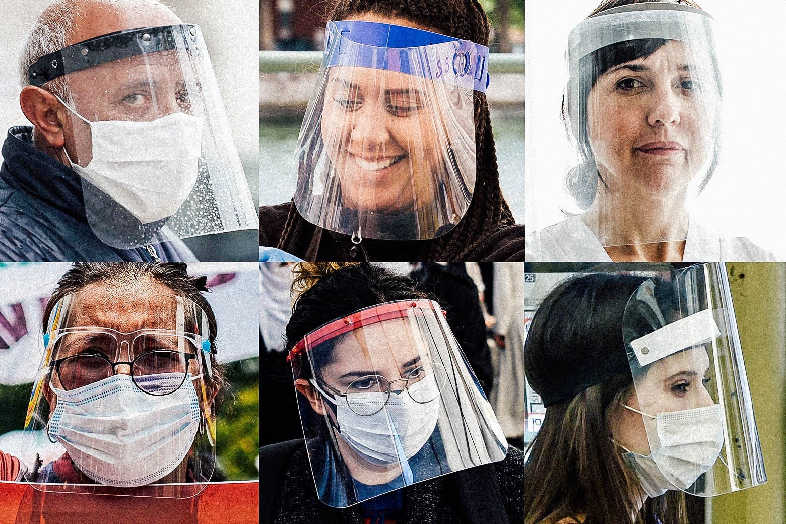 people wearing sheets of plastic over their faces 
