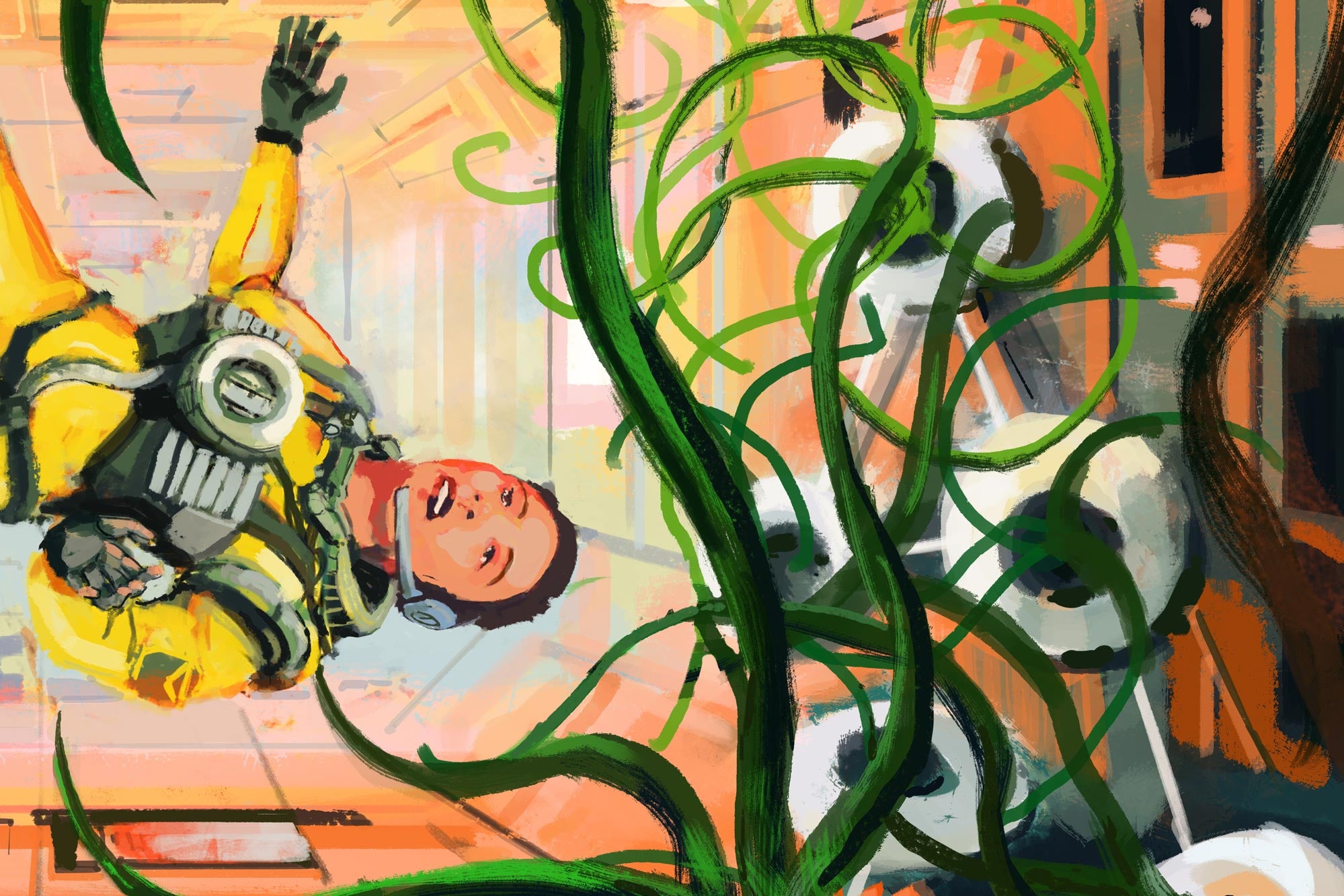 Illustration of an astronaut partially adrift in a room filled with tentacle-like leek plants.