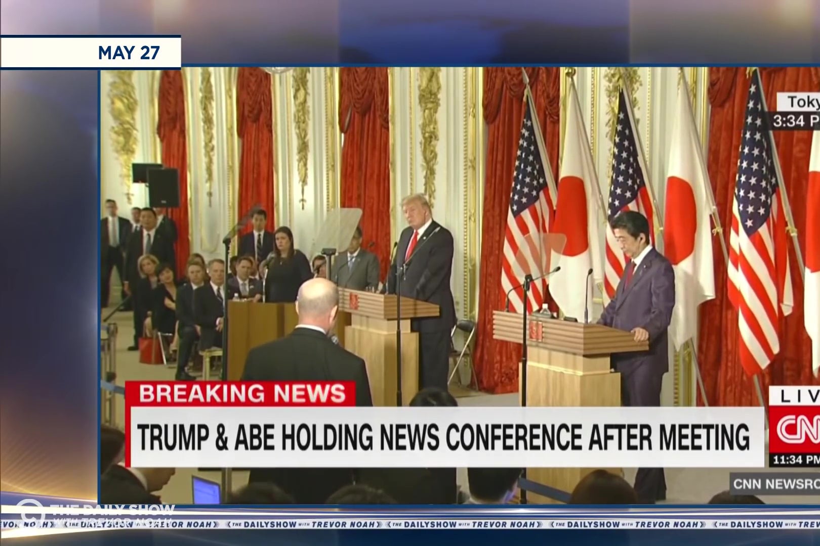A frame from CNN's coverage of the news conference Shinzō Abe & Donald Trump held in Japan, as seen on The Daily Show.