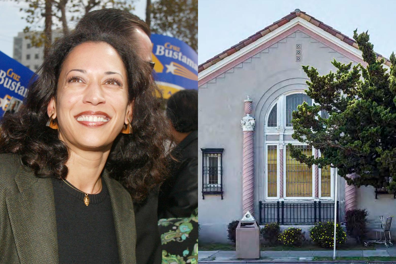 Kamala Harris smiles at a rally. The exterior of a beige building with big windows.
