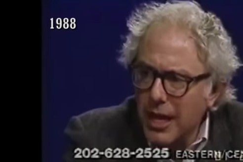 Screenshot of a video of Bernie Sanders speaking in 1988.