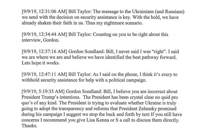 A screenshot of text message exchanges released by congress after Kurt Volker's testimony.