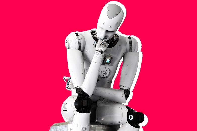 Photo illustration: a robot in a thinking pose.