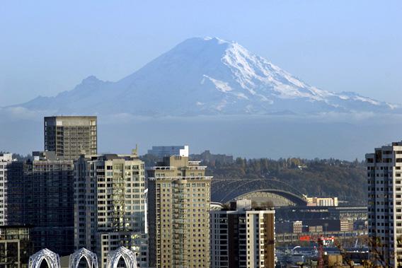 A view of downtown Seattle, WA with Mt. Rainier in the distance in 2009.