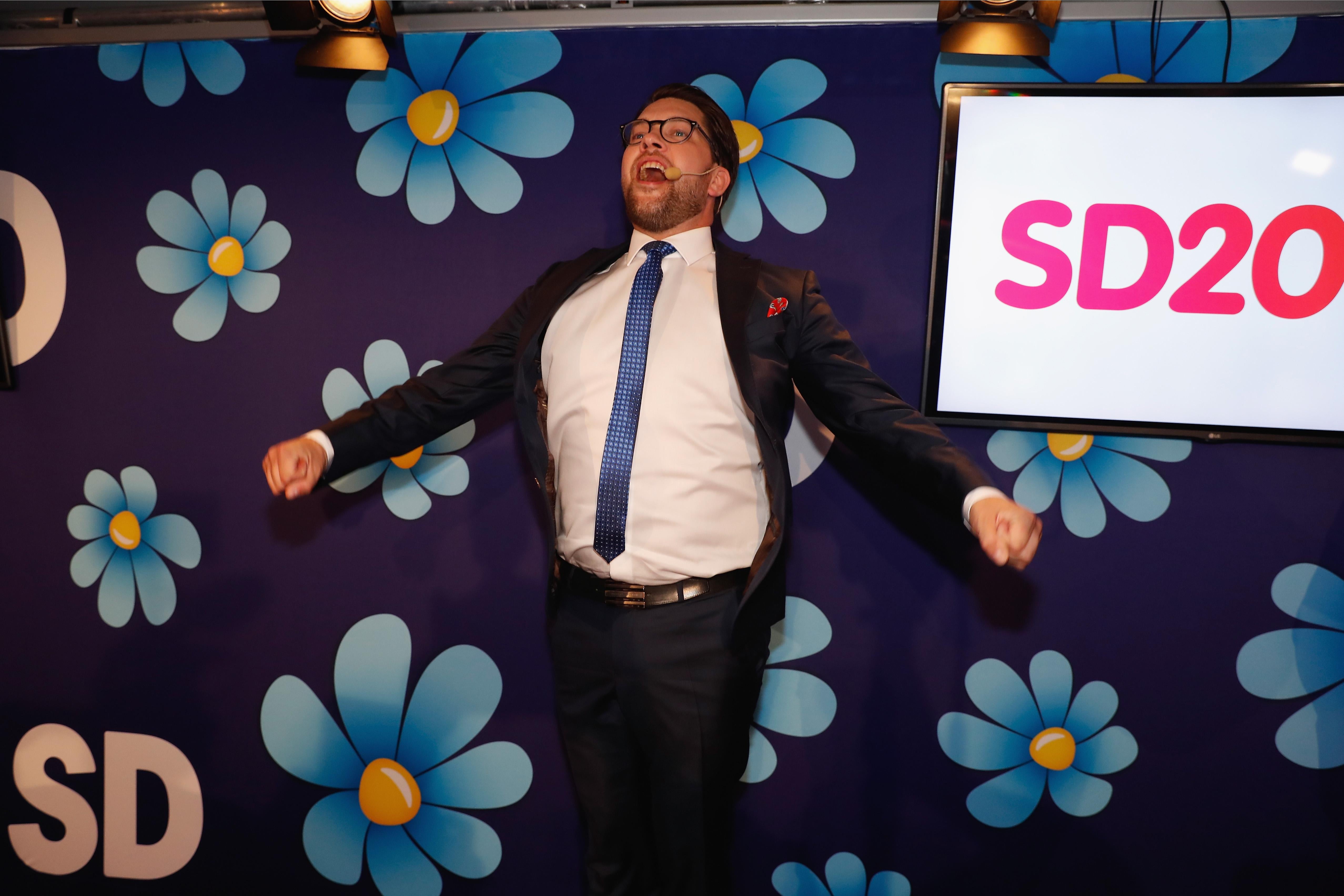STOCKHOLM, SWEDEN - SEPTEMBER 09: Leader of the far-right Sweden Democrats Jimmy Akesson speaks to members and supporters at the party election center on September 9, 2018 in Stockholm, Sweden. Swedes have headed to the polls in a tightly contested general election where immigration has been a central issue of a heated campaign and which could see the far-right Sweden Democrats make significant gains. (Photo by Michael Campanella/Getty Images)