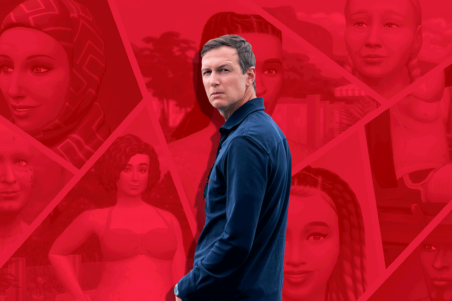 Jared Kushner ziet er sinister uit tegen de achtergrond van Sims-personages.