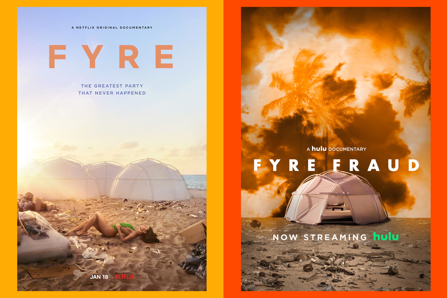 The posters for Netflix's Fyre and Hulu's Fyre Fraud, side by side.