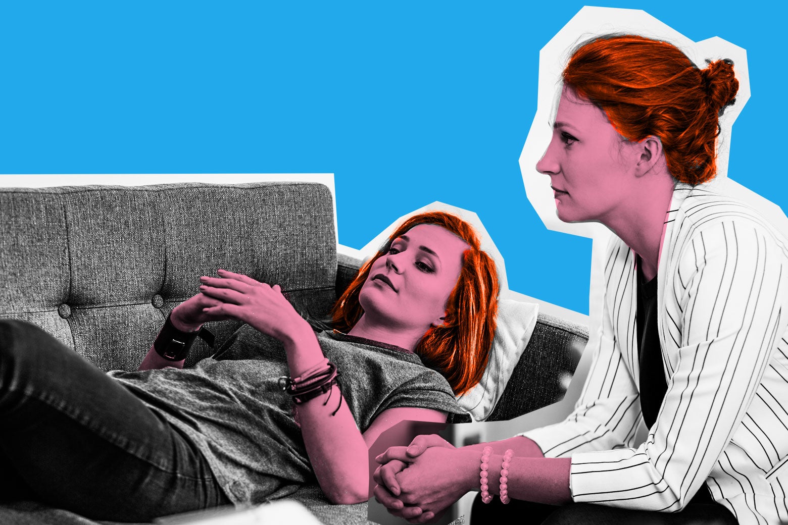 Photo illustration of a therapy session, but the therapist and the patient on the couch are the same woman.