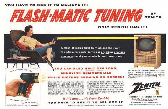 Ad for Zenith's "Flash-Matic"—a wireless TV remote shaped like a laser gun, introduced in 1955.