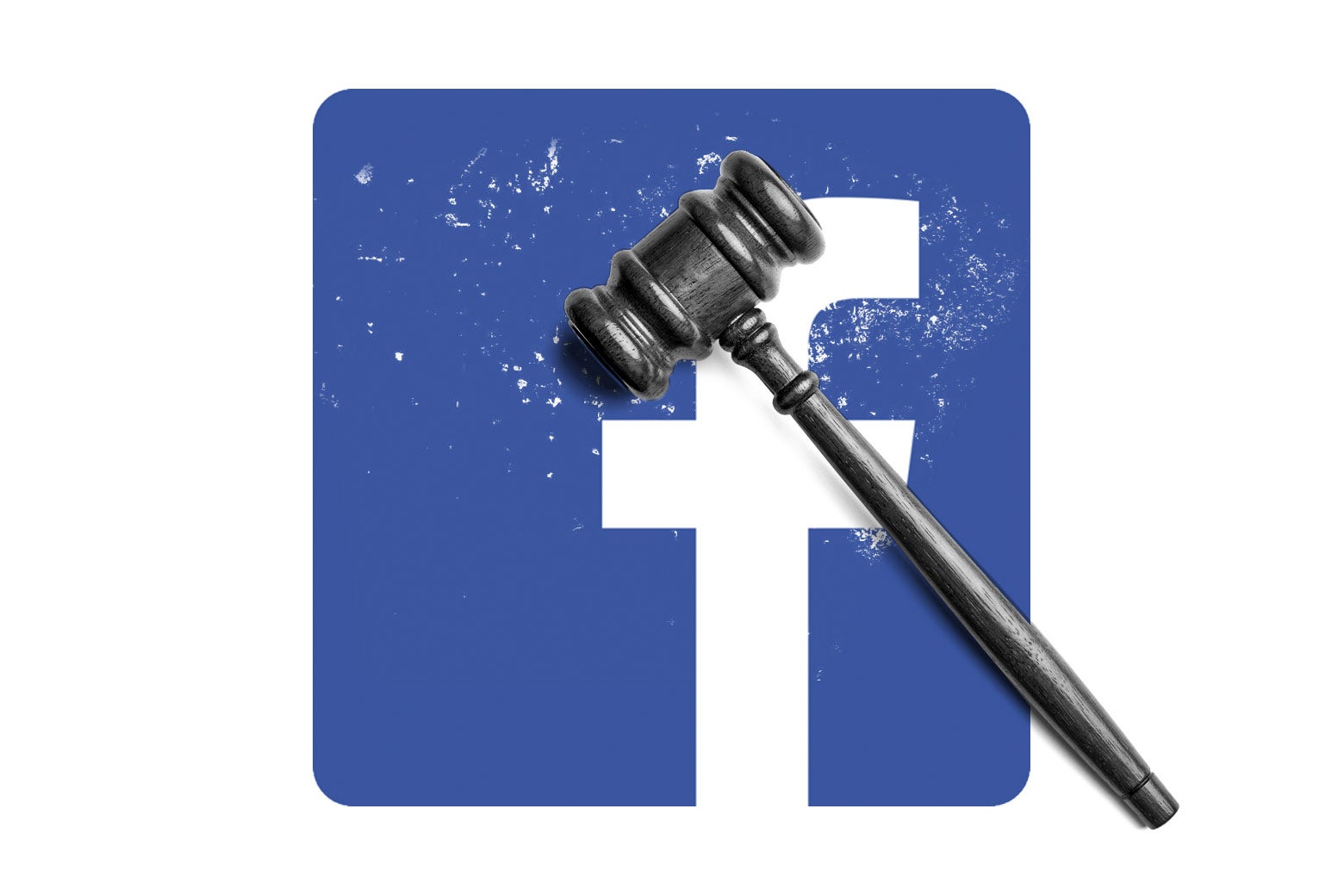Photo illustration of the Facebook logo with a gavel superimposed.