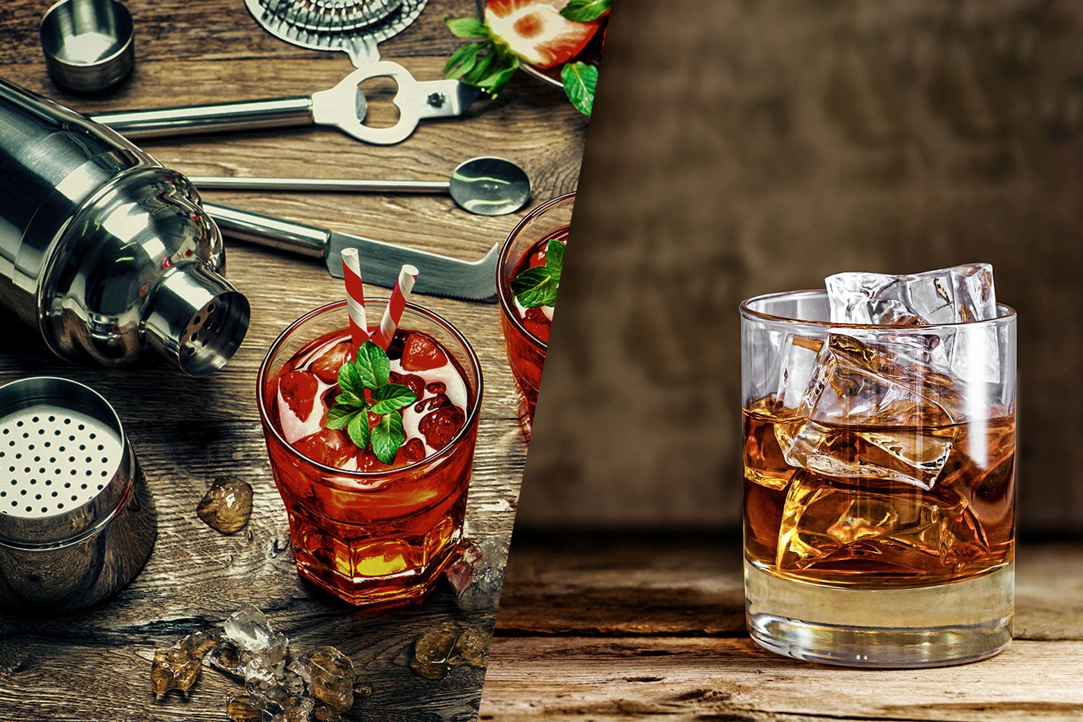 A craft cocktail in a glass, with all the related equipment (shaker, strainer, straws), next to a simple bourbon on the rocks.