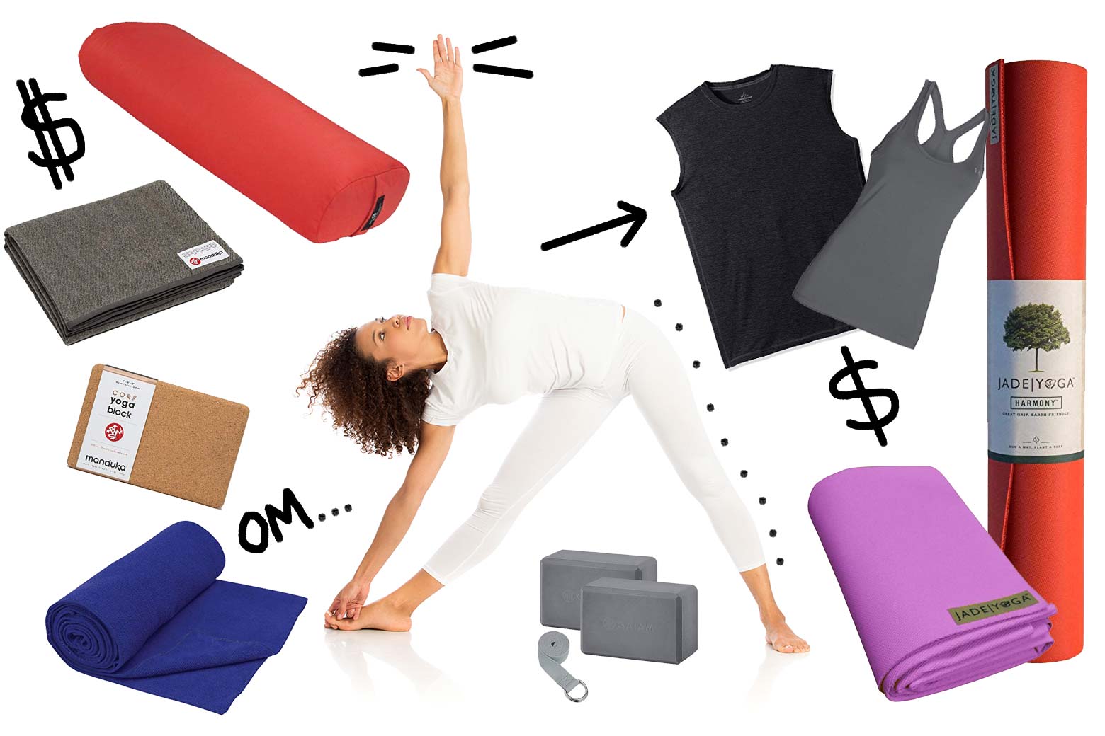 A woman in a yoga pose, surrounded by the necessary materials.