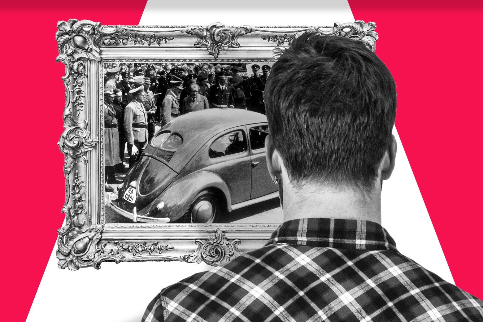 A man seen from the back looking at a framed image of Hitler in a crowd of people looking at a Volkswagen car.
