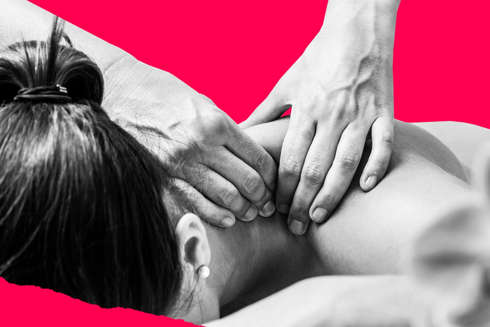 A woman gets her neck massaged, as she worries about a potential resulting orgasm.