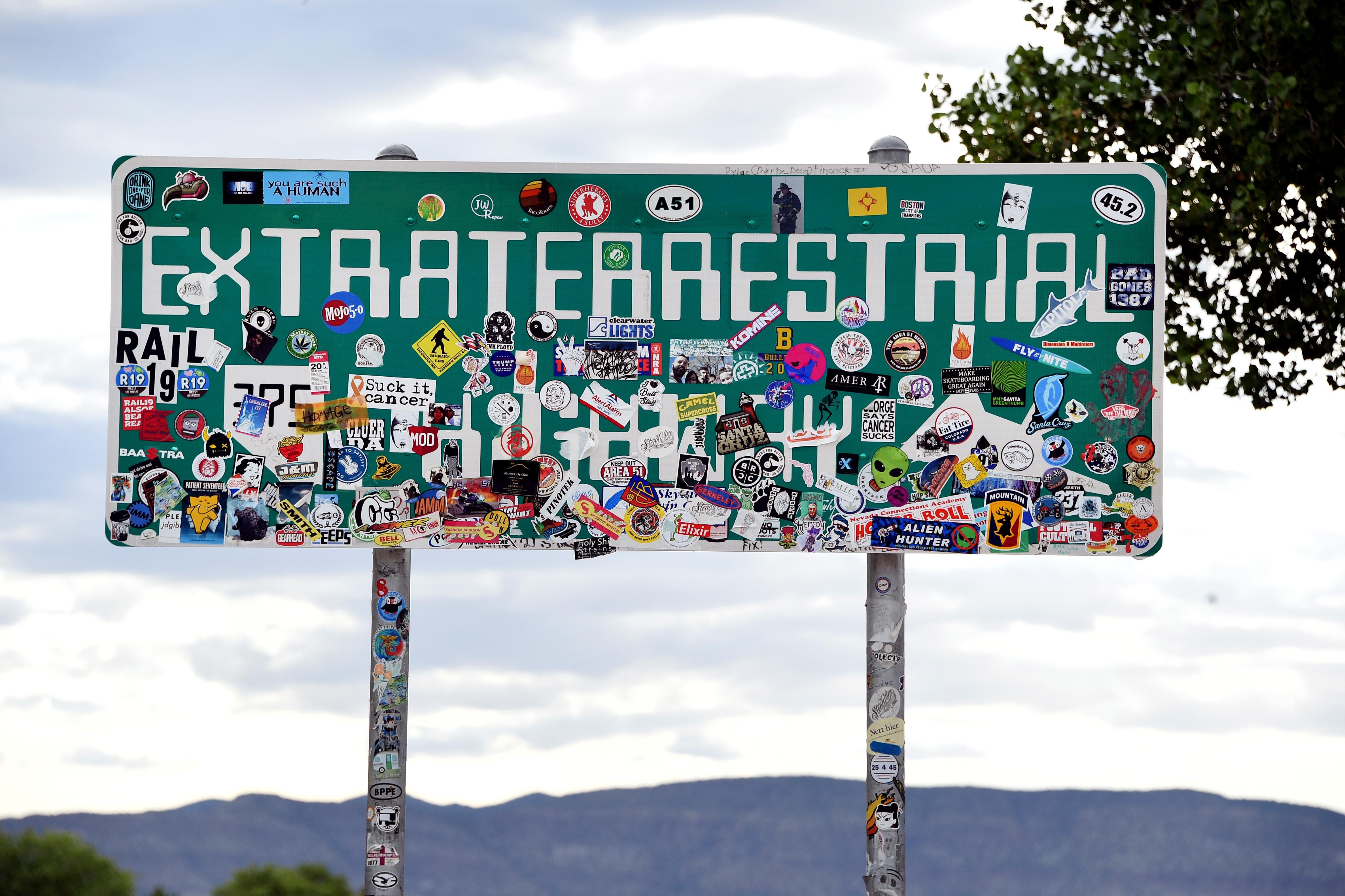 An Extraterrestrial Highway sign seen along state route 375 on July 22, 2019 near Rachel, Nevada. 