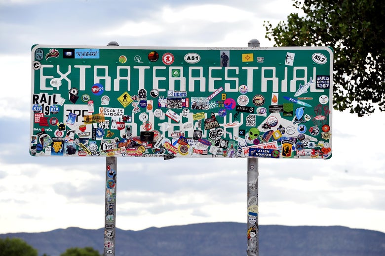 An Extraterrestrial Highway sign seen along state route 375 on July 22, 2019 near Rachel, Nevada.