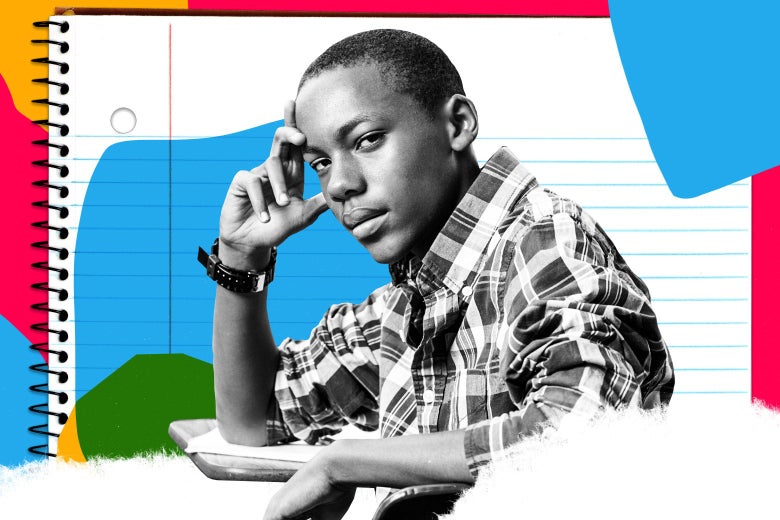 Photo illustration of a boy looking bored in class in front of collage of paper and color blocks.