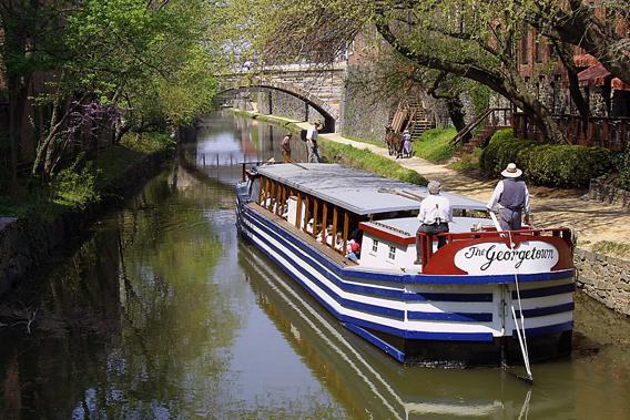 US Park rangers dressed in period costumes guide "The Georgetown" up the C&O Canal using mules for power during the first canal tour of the season in the Georgetown section of Washington, DC, 20 April, 2005.