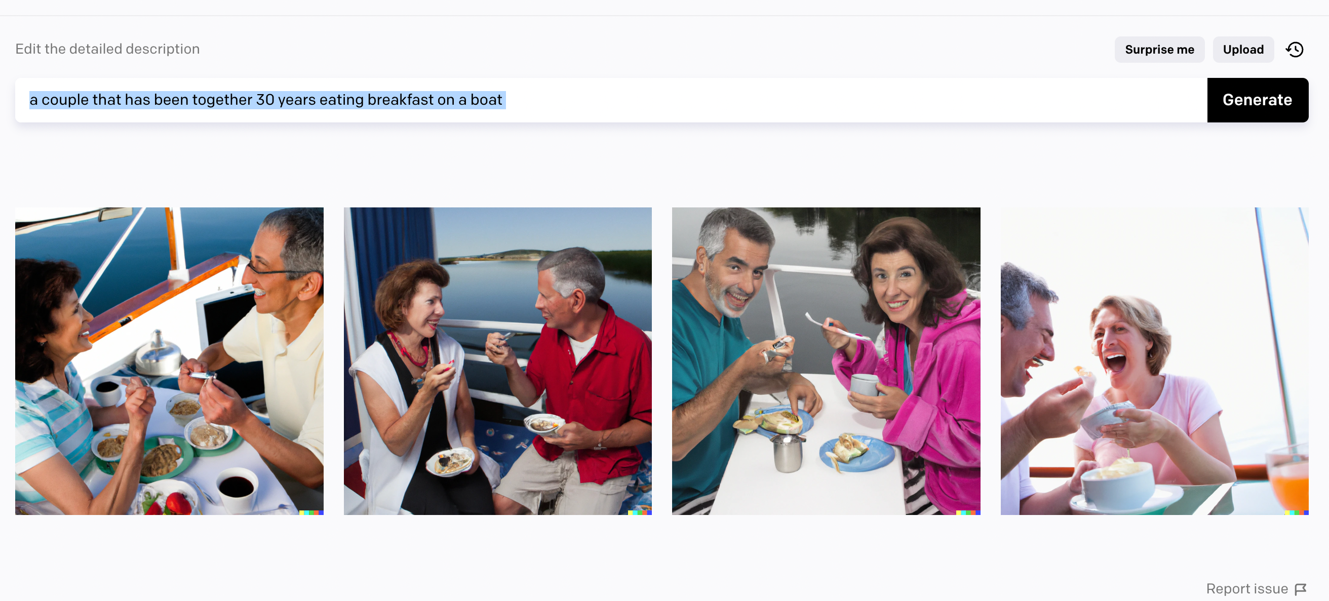 A grid of couples eating breakfast on a boat. (Yes, all white.)