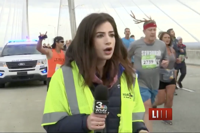 Alex Bozarjian reacts after a man slaps her butt during a live television broadcast of the Enmarket Savannah Bridge Run on Dec. 7, 2019. 