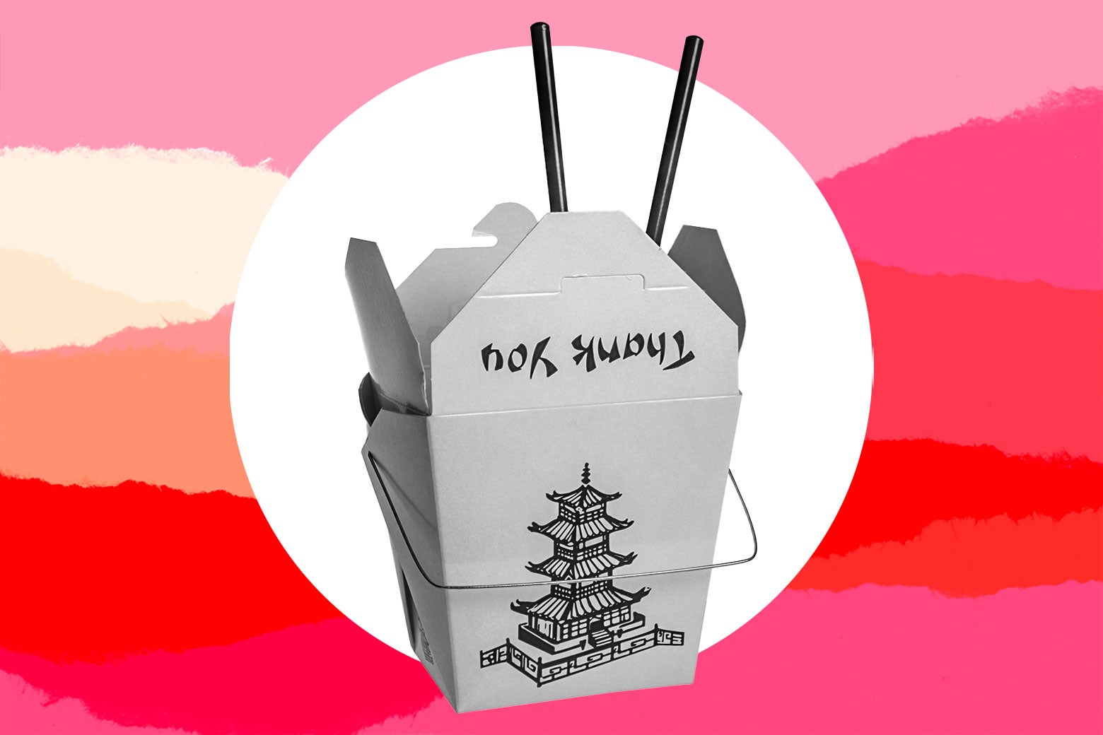 A takeout container with a pair of chopsticks sticking out of it.