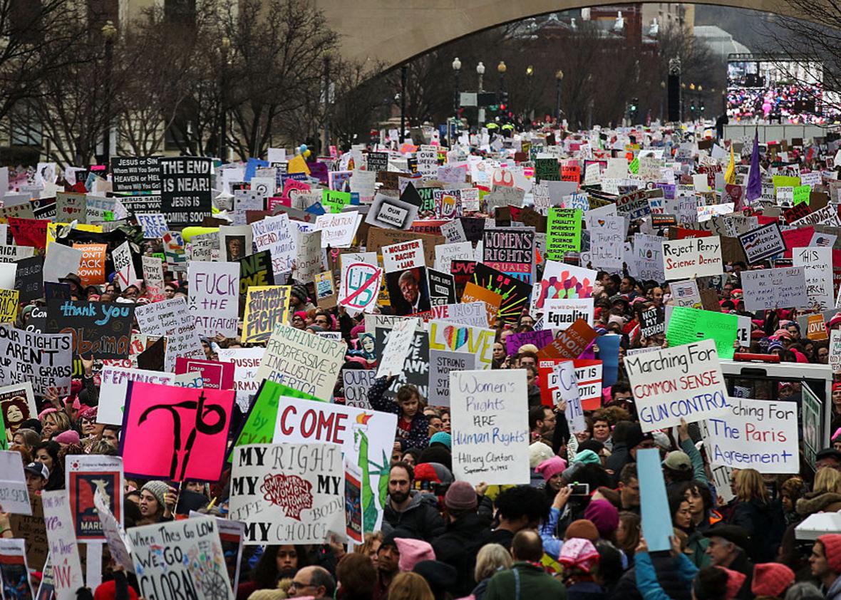 Protesters flood Independence Avenue during the Women's March on Washington January 21, 2017 in Washington, DC.